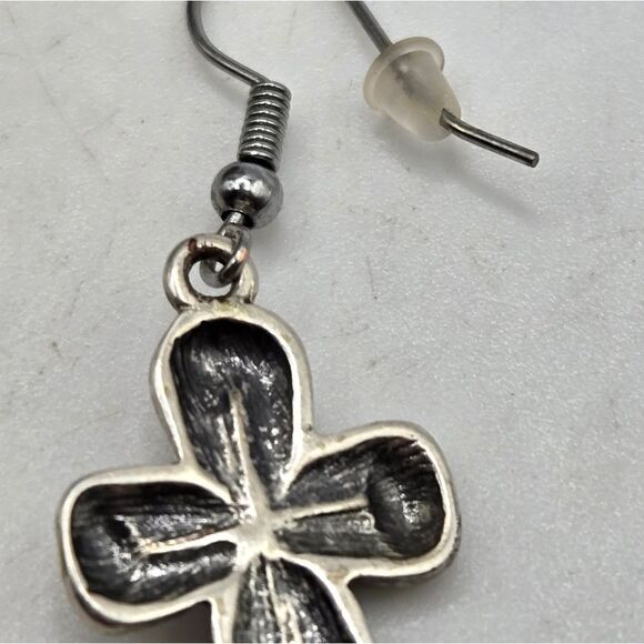 "5/$25" Mismatched Silvertone Rhinestone Cross /Circle Dangle Earrings - Picture 7 of 8